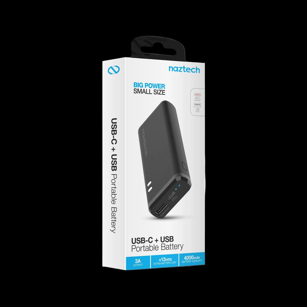 Naztech 4000mAh USB-C + USB Power Bank with 13 Hours Battery Life